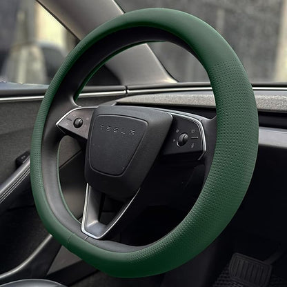 PINCTROT Nappa Leather Steering Wheel Cover for Tesla Model Y/3 Highland/Juniper, D Shaped 14 Inch Small Sized with Breathable Perforation, Fit Like Gloves, Flat Bottom 14 Inch(Nappa Green)