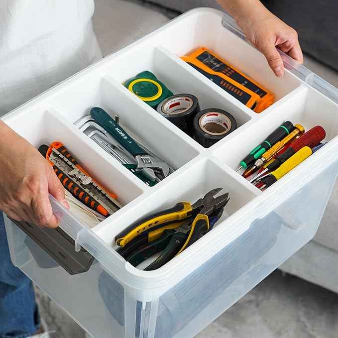 Citylife 32 QT Plastic Storage Bins with Removable Tray Large Stackable Storage Containers for Organizing Craft Storage and Storage Craft, Clothes, Files, Office Supplies, 4 Packs
