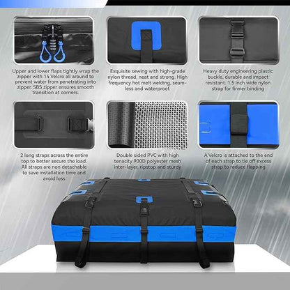 MARCHWAY Waterproof Car Roof Luggage Bag, Weatherproof Soft Shell Rooftop Cargo Carrier Bag for Vehicles with or Without Rack. 6 Door Hooks, Anti Slip Mat, Lock Included (21 Cubic Feet, Blue)