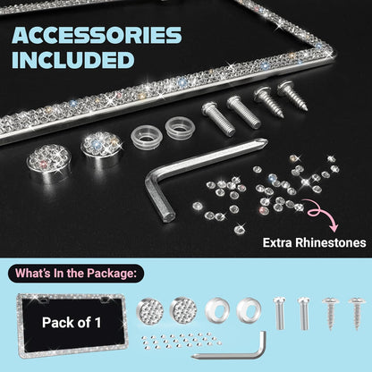 Dazzling Bling License Plate Frame for Women - 1 Pack, 800 Premium Rhinestones, Rust-Free Stainless Steel, Street Legal Slim Design, Sparkly Diamond Car Tag Holder with Glitter Crystal Screw Covers