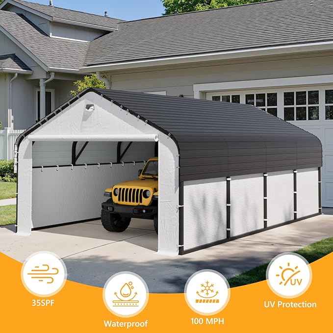 12x20 Metal Carport, Heavy Duty 2-Car Carport Canopy, CarPorts with Removable Polyethylene Sidewalls, Galvanized Steel Roof Car Tent Garage