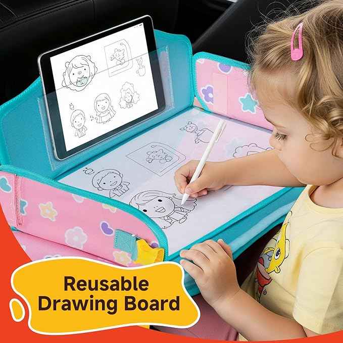 MENZOKE Car Seat Tray with 2 Removable Castle Towers, Carseat Tray for Toddler Girls Gifts Age 4–5, Kids Travel Tray for Kids,Foldable Snack Table with Storage Pockets for Road Trip,Pink & Green