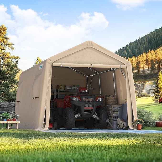 ADVANCE OUTDOOR 10X15 ft Garage Shelter Steel Metal Peak Roof Portable Storage Shed Carports for Motorcycle Boat, or Garden Tools with 2 Roll up Doors & Vents, Beige