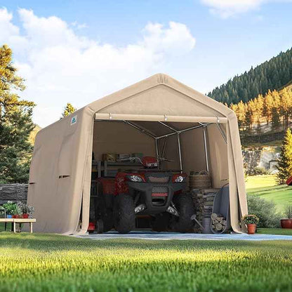 ADVANCE OUTDOOR 10X15 ft Garage Shelter Steel Metal Peak Roof Portable Storage Shed Carports for Motorcycle Boat, or Garden Tools with 2 Roll up Doors & Vents, Beige