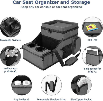 COOLBEBE Car Seat Organizer, Backseat Car Organizer with Cup Holders for Kids and Adults Travel, Cooler Compartment Passenger Seat Organizer Storage Box for Front or Middle Seat, Grey