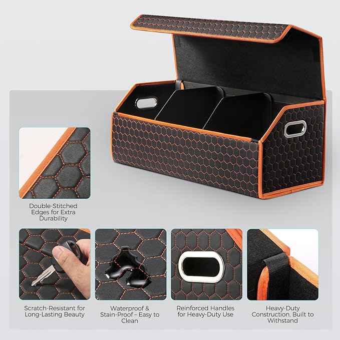 Car Organizers and Storage - Trunk Organizer for Suv Car,Car Trunk Leather Storage Box,Extra Large,Magnetic Lid,Collapsible and Adjustable