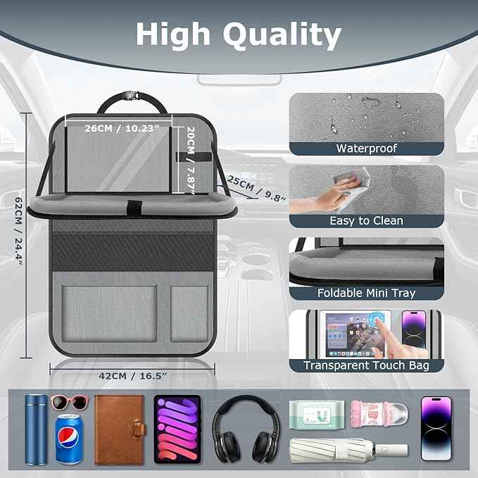 Car Backseat Organizer with table Tray, 9 Storage Pockets Backseat Car Organizer with Tablet Holder, Back seat Organizer for Kids Road Trip Essentials Travel (1Pack)