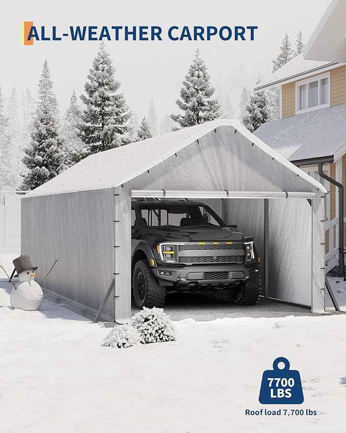 GarveeLife 11'x20'x9' Vertical Roof Metal Carport, Enclosed Car Ports with Heavy Duty Steel Frame, for All-Weather, for Full-Size Pickup Trucks, Boats, and Tractors