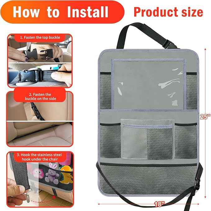 Car Backseat Organizer ，2 Pack Car Organizer Back Seat with 11" Tablet Holder, 10 Storage Pockets Seat Back Protectors Kick Mats for Kids Toddlers, Travel Accessories (Grey)