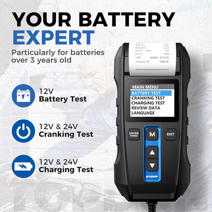 Car Battery Tester 12V 24V 100-2000CCA Lead-Acid Battery, TOPDON BT300P Alternator Tester, Load Tester, with Built-in Printer, Spark Free Metal Clamps, Automatic Reverse Polarity Protection