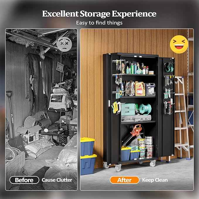 VINGLI 72'' Tall Garage Storage Cabinet, Metal Storage Cabinet with Pegboards, Wheels, Locking Doors and Adjustable Shelves (Black, 32''W x 16''D x 72''H)