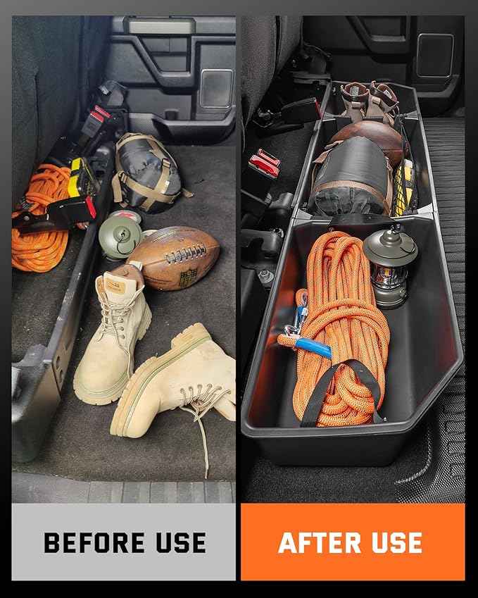 DiffCar® Truck Underseat Storage for Ford F150: 2015-2026 SuperCrew/Crew Cab, Rear Under Seat Organizer Tool Box Car Accessories for Ford F-150 F250 F350 F450 F550 Super Duty(w/Detach Bin & Mesh Net)