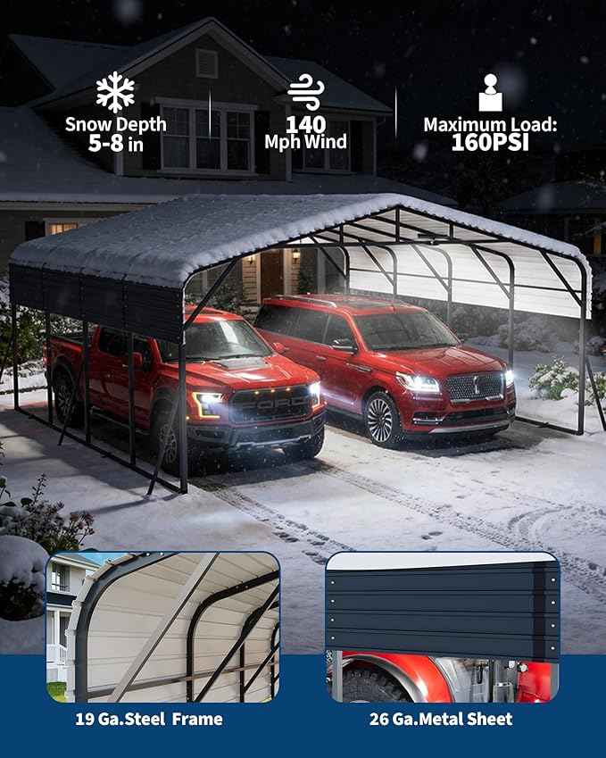 20x20FT Heavy Duty Metal Carport for 2 Cars, Outdoor Portable Car Garage w/Led Light,Reinforced Base and Galvanized Steel Roof, Outdoor Car Port Canopy Shelter for Boats, Full-Sized Pickup Trucks