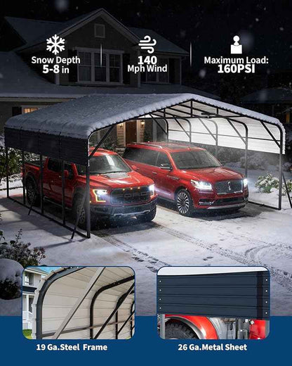 20x20FT Heavy Duty Metal Carport for 2 Cars, Outdoor Portable Car Garage w/Led Light,Reinforced Base and Galvanized Steel Roof, Outdoor Car Port Canopy Shelter for Boats, Full-Sized Pickup Trucks
