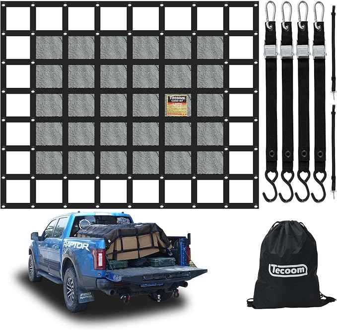 Tecoom Truck Bed Net, Heavy Duty with Mesh - 7.51' x 7.35' Truck Bed Bungee Net Mesh with Capacity 1,500 lbs - Compatible with Trailer, Trucks, Boat, Jeep, Pickup