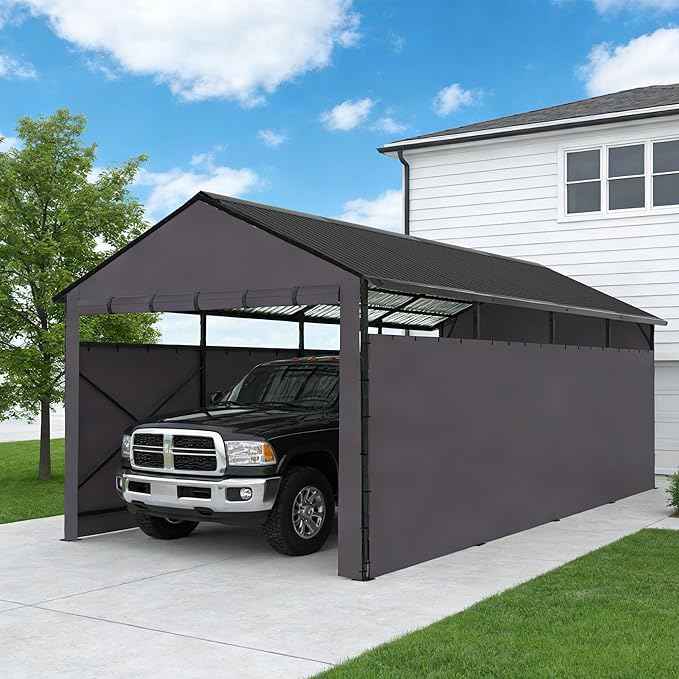 22x11 FT Heavy Duty Metal Carport with Oxford Cloth Enclosure,Reinforced Frame&Steel Roof for All-Weather Use,for Pickup Trucks,Outdoor Storage Canopy(Black)