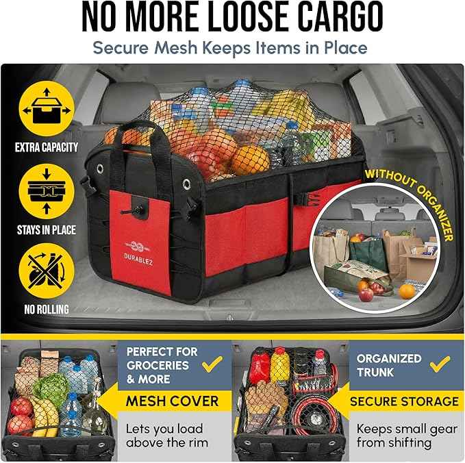 XL Trunk Organizer 4-Section Modular System – Extra Large Car Cargo Storage, Foldable Multi-Compartment Bin for Groceries, Gear & Travel – High-Density Structure – Red