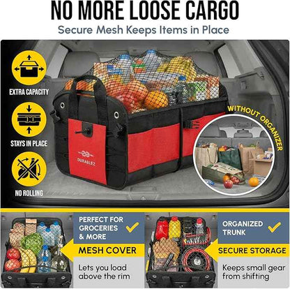 XL Trunk Organizer 4-Section Modular System – Extra Large Car Cargo Storage, Foldable Multi-Compartment Bin for Groceries, Gear & Travel – High-Density Structure – Red