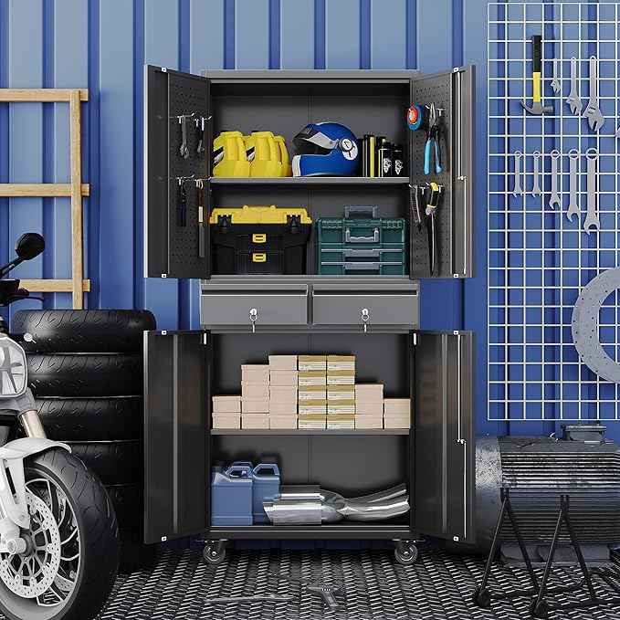 Aobabo Garage Storage Cabinet with Wheels, Metal Tool Storage Cabinet with 2 Drawers for Garage Home,Assembly Required,Black