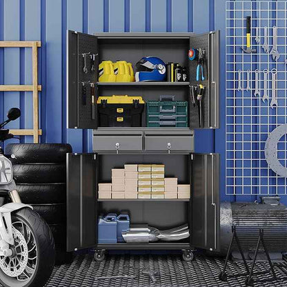 Aobabo Garage Storage Cabinet with Wheels, Metal Tool Storage Cabinet with 2 Drawers for Garage Home,Assembly Required,Black