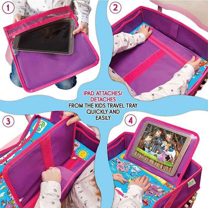 Kids Travel Tray - Waterproof Lap Table with No-Drop Large Tablet Holder - Car Seat Tray - Road Trip Essentials Kids - Car Desk Organizer for Airplane - Toddler Travel Essentials (Pink)