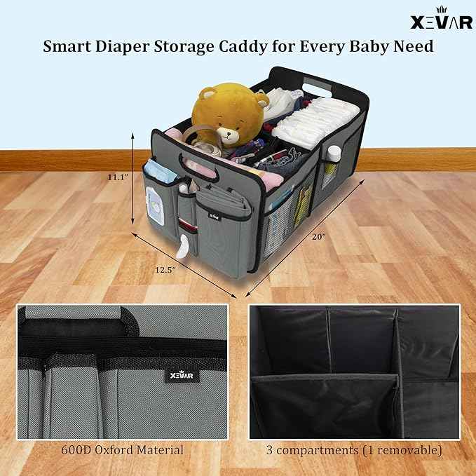 Baby Diaper Caddy Organizer with Changing Mat - Portable Car Caddy for Newborn Essentials, Diapers & Wipes, Perfect for Baby Shower and New Mom | Oxford Fabric, Grey