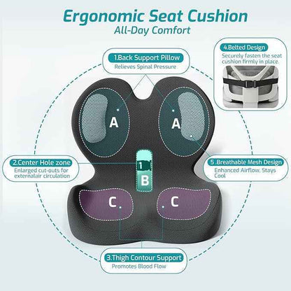 Trucker Seat Cushion, Car Seat Cushions with Lumbar Support Pillow, Ergonomic L-Shaped Orthopedic Memory Foam Pad for Long Driving Back Pain Sciatica Relief, Drivers Office Workers (Black+WE)