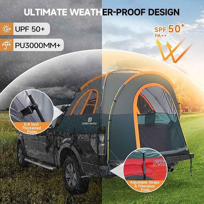 Truck Bed Tent 5.5-6ft: Easy Set Up Umburato Pickup Truck Tents for Camping, Waterproof PU3000mm Canopy for Truck Camper, Portable, Spacious for 2 Person Green
