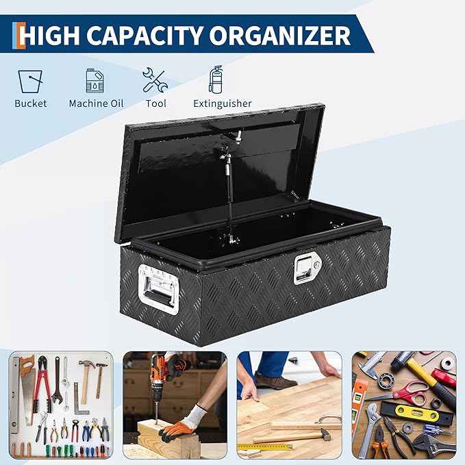 30 Inch Heavy Duty Aluminum Stripes Plated Tool Box Pick Up Truck Bed RV Trailer Toolbox Waterproof Storage Organizer with Side Handle, Lock and Keys