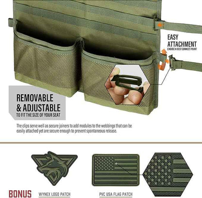 WYNEX Car Seat Organizer, Molle Backseat Cover Organizer Protector with Sling Rack, Visual Pocket and Patch, Universal Vehicle Fits for F150, Jeeps, Pickups & Trucks for Road Trips