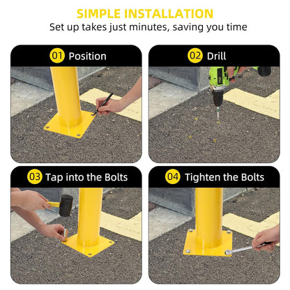 Safety Bollard 4 Packs, 42 Inch Height Steel Post, 4.5 Inch Diameter Parking Bollard, Yellow Safety Bollard Post with 16 Anchor Bolts, Ideal for Ideal for Parking Warehouse Park Traffic Area