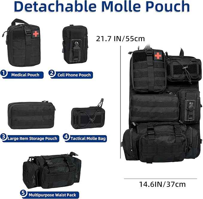 Tactical Car Seat Back Organizer,Back Seat Organizer with 5 Detachable Molle Pouches,Molle Panel Organizer Fits for Vehicel Such as Jeep,Truck,SUV, Car