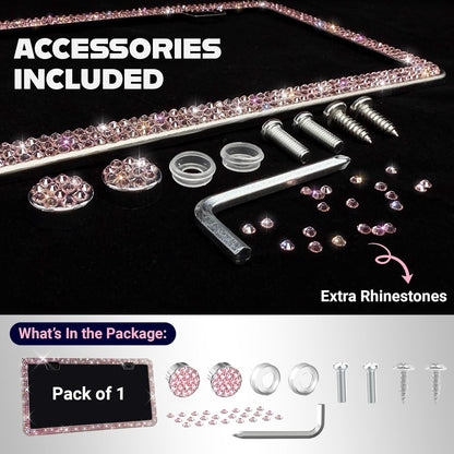 Glamorous Bling License Plate Frame for Women - 1 Pack, 800 Premium Pink Rhinestones, Rust-Free Stainless Steel, Street Legal Slim Design, Sparkly Diamond Car Tag Holder with Glitter Crystal Covers