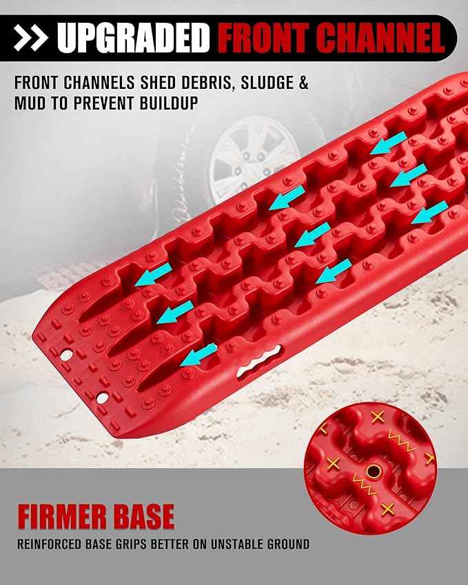 FieryRed Traction Boards Offroad, Recovery Boards with 2 Leashes and Carry Bag, 2Pcs Traction Mat Recovery Tracks for Sand Mud Snow Track Tire Ladder 4X4, Red GEN1th