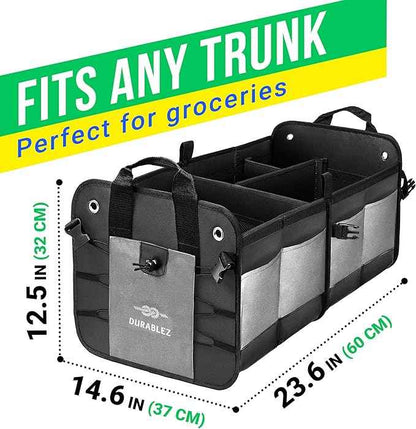Compact Car Trunk Organizer 2-Section – Grocery, Tools, Cleaning Supplies Storage – Foldable Dual-Compartment Cargo Bin with Cover Net – Gray