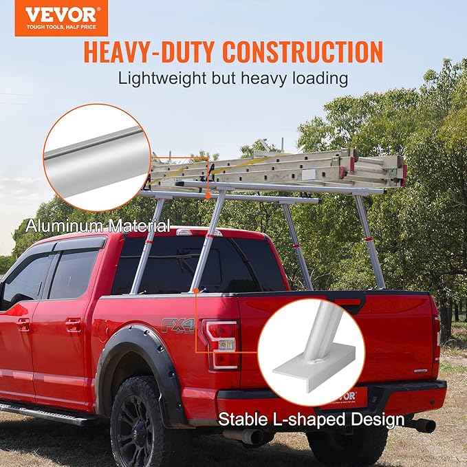 VEVOR Truck Rack, 19-34in Adjustable Height Ladder Rack for Truck, Aluminum 800 lbs Capacity with 8 Non-Drilling C-Clamps, Heavy Duty Truck Bed Rack Two-Bar Set for Kayak, Surfboard, Lumber, Ladder