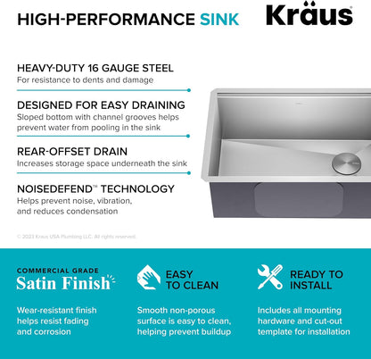 KRAUS Kore 27-Inch Undermount Workstation 16 Gauge Single Bowl Stainless Steel Kitchen Sink with Accessories, KWU110-27