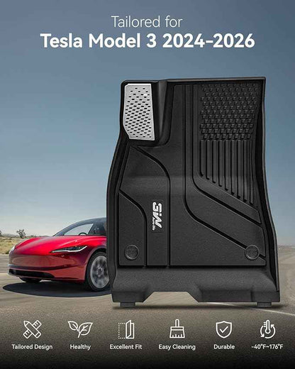 3W Tesla Model 3 Floor Mats 2026 2025 2024 with Mental Pedal, Full Set with Seatback Protector, Highland All Weather Custom Fit Rear Trunk Mat Accessories Black