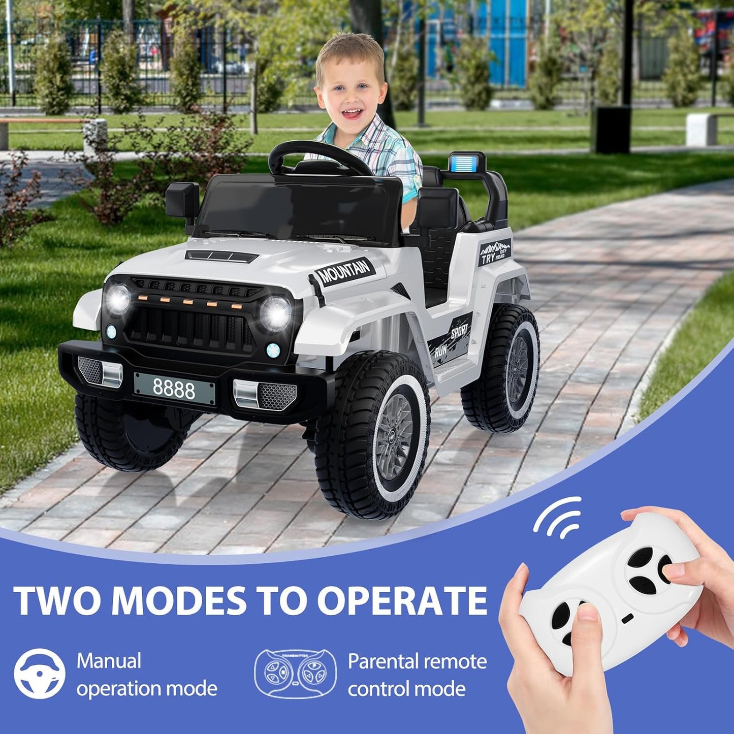 12V Kids Ride on Truck Car, w/Parent Remote Control, Twin 35w Motors, 3 Speeds, LED Lights, Music & Horn, Spring Suspension, Kids Electric Vehicles Toy for 3-5 Years Old Boys Girls Gift, White - AutoBay