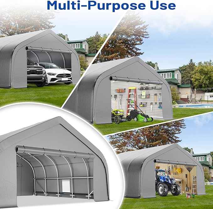EROMMY 20x20 FT Heavy Duty Durable Carport, Silver Gray, Galvanized Steel Frame Garage Shelter and Outdoor Storage, Waterproof 3-Layer PE Cover, Fits 2 Cars, Boat, Farm Equipment