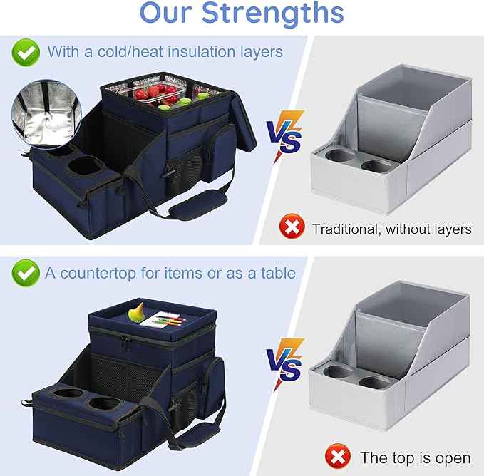Car Organizer for Front Seat Organizer and Storage, Collapsible Car Caddy, Passenger Seat Organizer with Partitions & Cup Holders, Car Organization for kids and Adults (Blue)