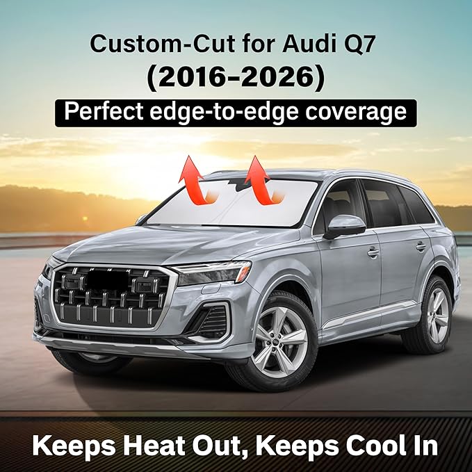 EcoNour Windshield Sun Shade Compatible for Audi Q7 2016–2026 | Luxury SUV Front Window Sunshade | Foldable 4-Layer Sun Visor Protector | UV & Heat Blocking | Keeps Cabin Cooler