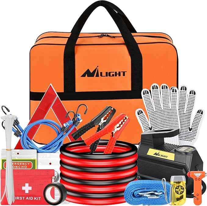 Nilight Car Emergency Kit with Jumper Cable Air Compressor Tire Repair Essential Tools First Aid Alligator Connector Electrical Kit for Travel Camping Outdoor Cars Truck SUV RV