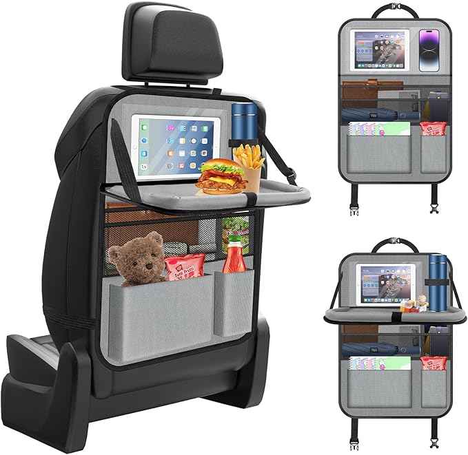 Car Backseat Organizer with table Tray, 9 Storage Pockets Backseat Car Organizer with Tablet Holder, Back seat Organizer for Kids Road Trip Essentials Travel (1Pack)