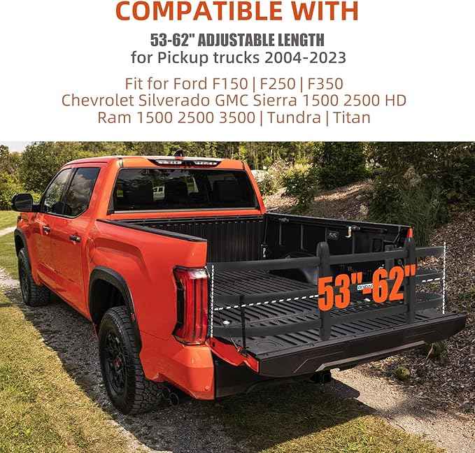 Truck Bed Extender, Aluminum Tailgate Extender 53"-62" Fit for Ford F150 Heavy Duty, Ram1500/2500/3500, Silverado 1500 2500 HD, Sierra, Tundra, Titan Pickup Truck Adjustable Tailgate Extension