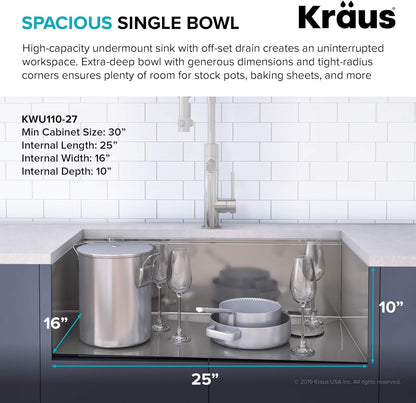 KRAUS Kore Workstation 27-inch Undermount 16 Gauge Stainless Kitchen Sink, Single Bowl Kitchen Sink with 3/4 HP Garbage Disposal, KWU110-27-100-75MB