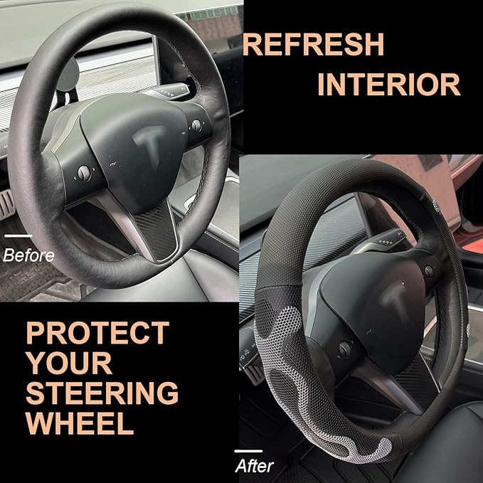 PINCTROT Comfy Grip Steering Wheel Cover for Tesla Model Y/3 2016-2025 2026 Standard/Highland/Juniper, D Shaped 14 Inch Small Sized, Flat Bottom with 3D Honeycomb Anti-Slip Design (Comfy Grip Gray)