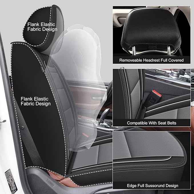 YORKNEIC Front Set Seat Covers Fit for Ford Mustang 2007-2022: Faux Leather Car Seat Covers - Waterproof Car Seat Protector(Black & Grey)