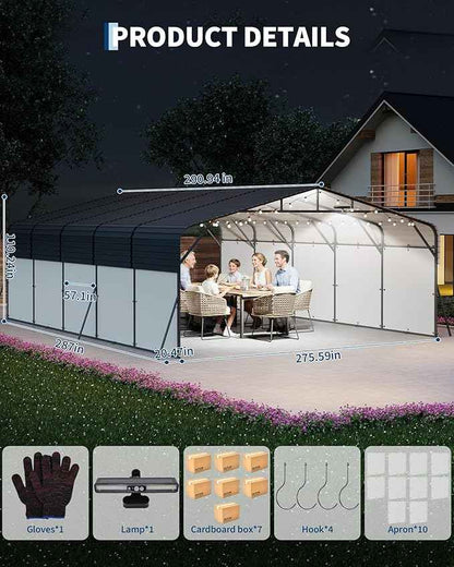 20x25FT Metal Carport Heavy-Duty Build with LED Light & Galvanized Steel Roof, Reinforced Stable Structure with Removable PE Sidewalls, Spacious Versatile Shelter for Cars, Boats, and Events