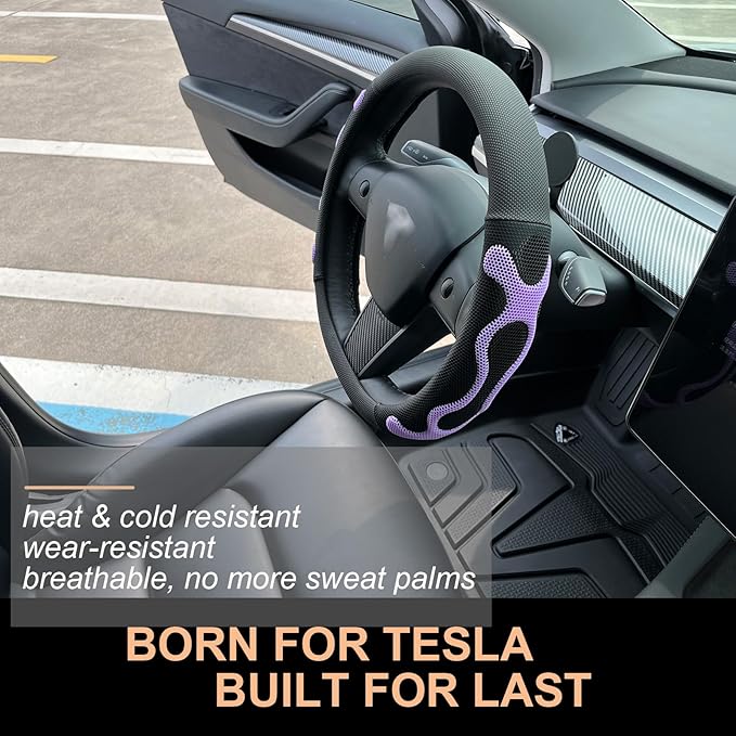 PINCTROT Comfy Grip Steering Wheel Cover for Tesla Model Y/3 2016-2025 2026 Standard/Highland/Juniper, D Shaped 14 Inch Small Sized, Flat Bottom with 3D Honeycomb Anti-Slip Design (Comfy Grip Purple)